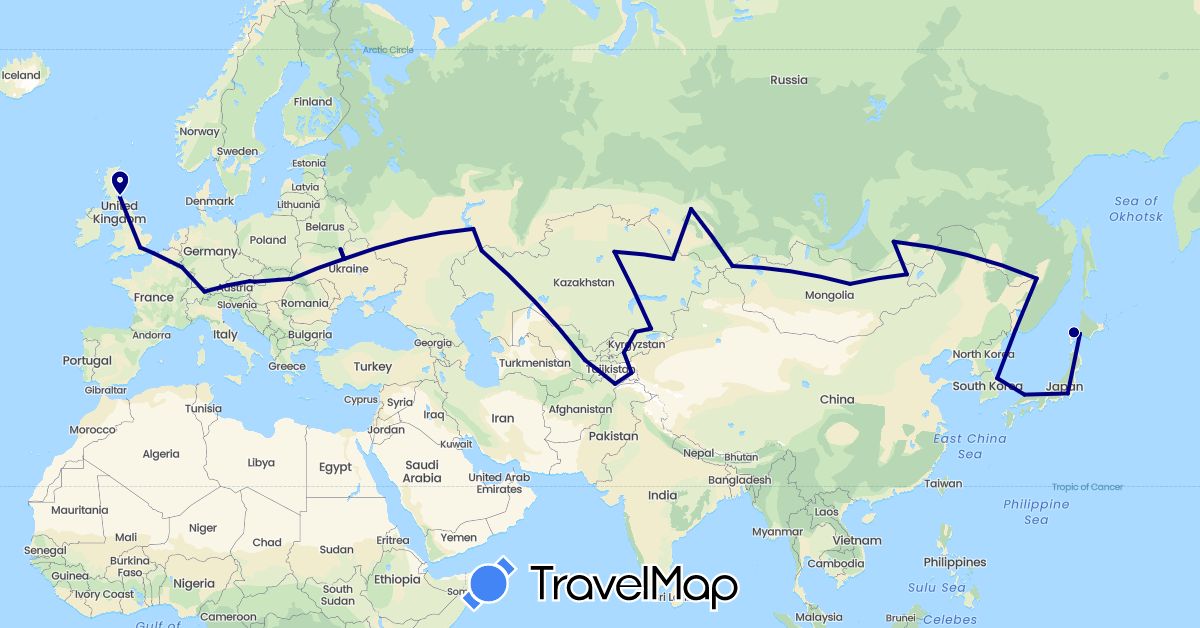 TravelMap itinerary: driving in Afghanistan, Austria, France, United Kingdom, Japan, Kyrgyzstan, South Korea, Kazakhstan, Liechtenstein, Luxembourg, Mongolia, Russia, Slovakia, Tajikistan, Ukraine, Uzbekistan (Asia, Europe)
